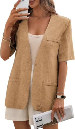 Short Sleeve Linen Blazer Women 2025 Summer Lightweight Breathable Collarless Beach Vacation Jacket With Pockets