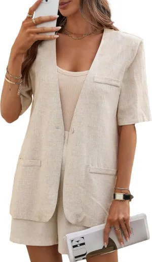 Short Sleeve Linen Blazer Women 2025 Summer Lightweight Breathable Collarless Beach Vacation Jacket With Pockets