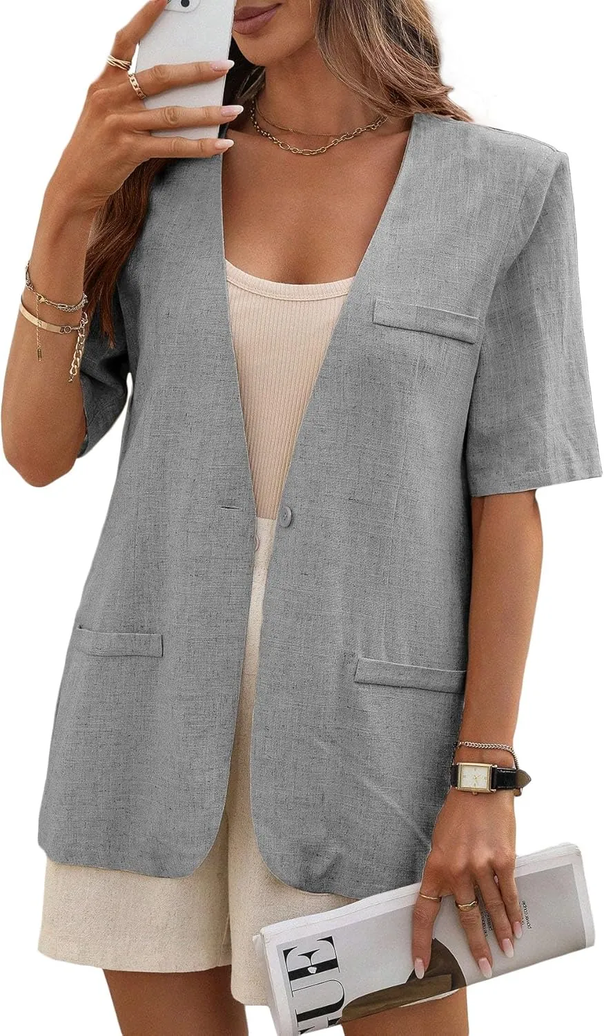 Short Sleeve Linen Blazer Women 2025 Summer Lightweight Breathable Collarless Beach Vacation Jacket With Pockets