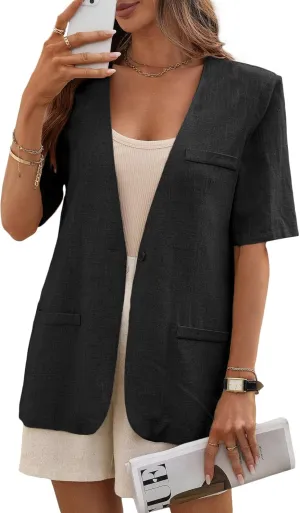 Short Sleeve Linen Blazer Women 2025 Summer Lightweight Breathable Collarless Beach Vacation Jacket With Pockets