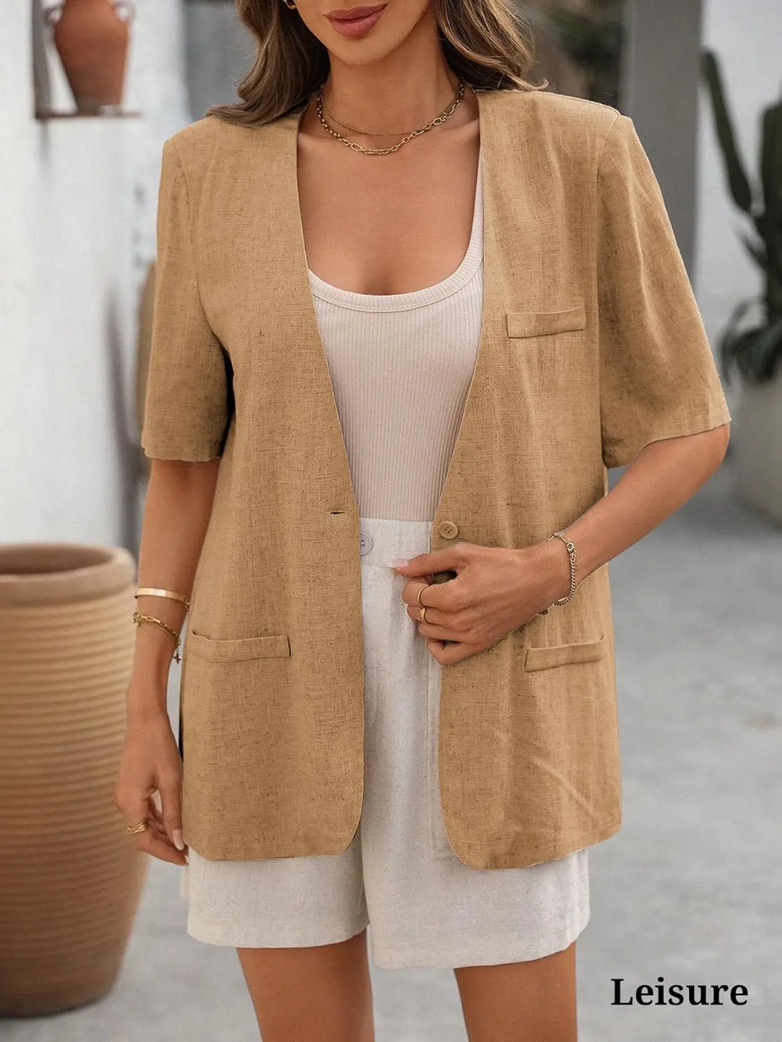 Short Sleeve Linen Blazer Women 2025 Summer Lightweight Breathable Collarless Beach Vacation Jacket With Pockets