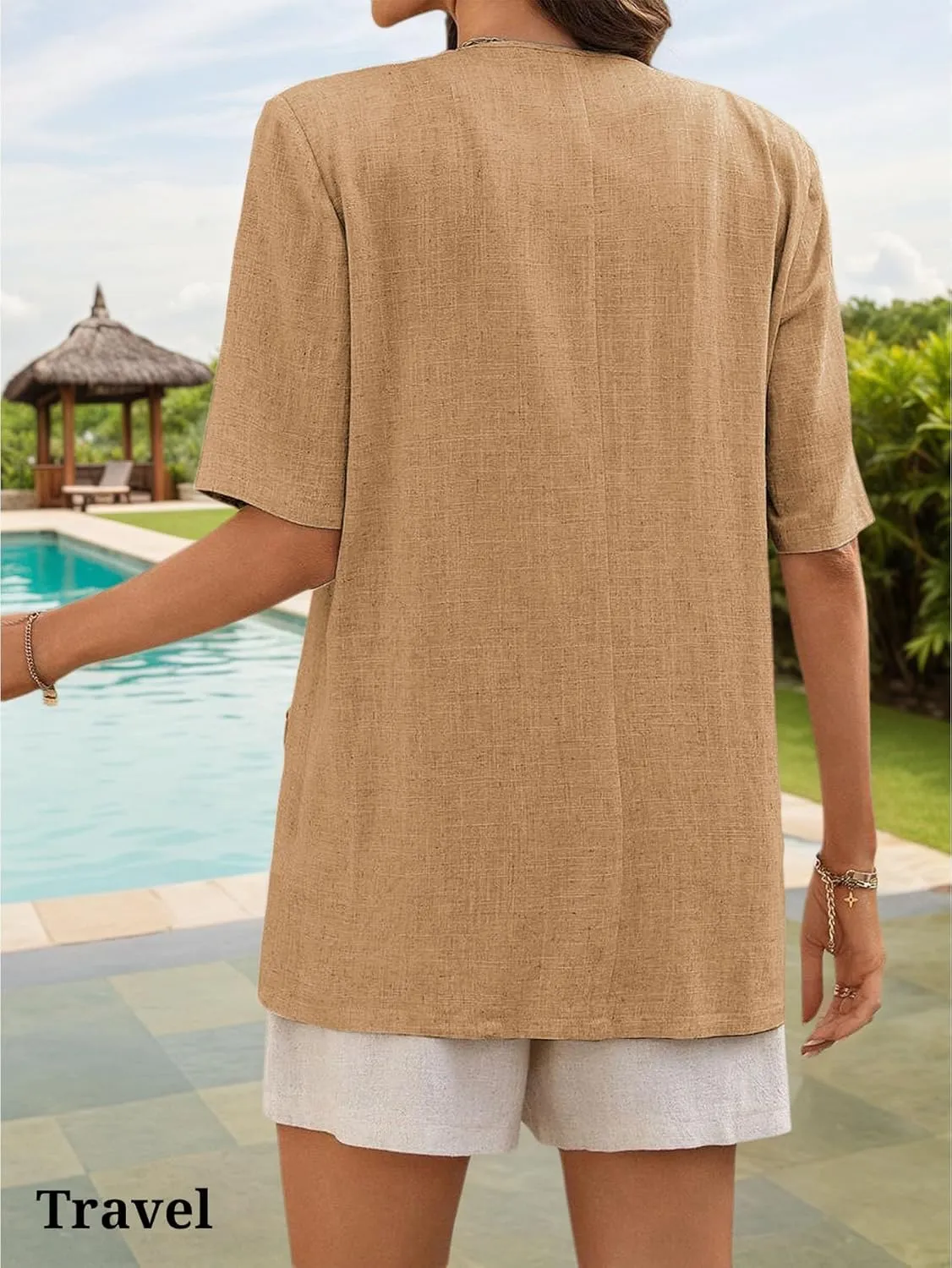 Short Sleeve Linen Blazer Women 2025 Summer Lightweight Breathable Collarless Beach Vacation Jacket With Pockets