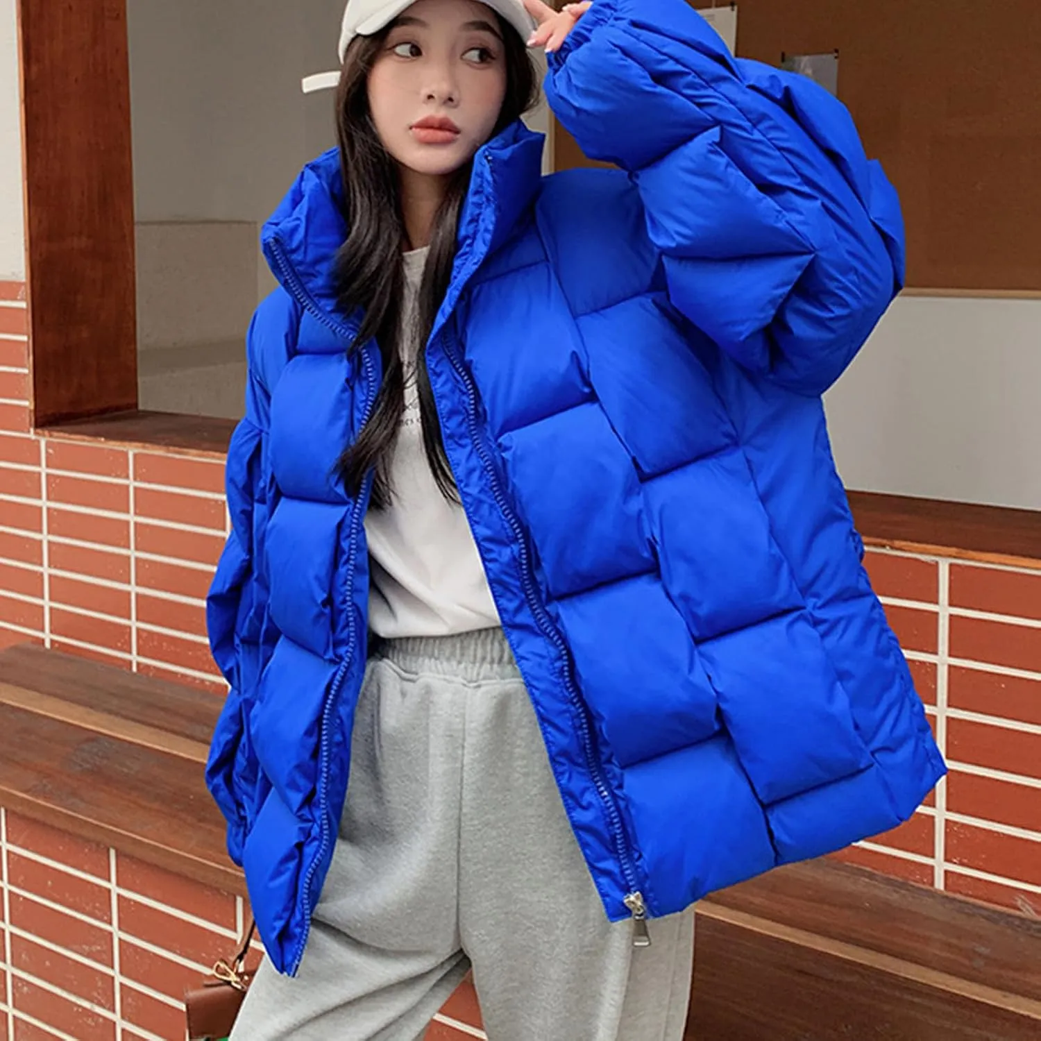 SMIDOW Cropped Puffer Jacket For Women Trendy 2023 Quilted Padded Bubble Coat Solid Warm Winter Short Jackets Outerwear