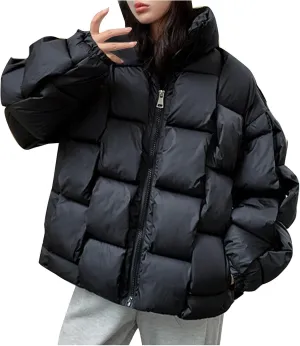 SMIDOW Cropped Puffer Jacket For Women Trendy 2023 Quilted Padded Bubble Coat Solid Warm Winter Short Jackets Outerwear