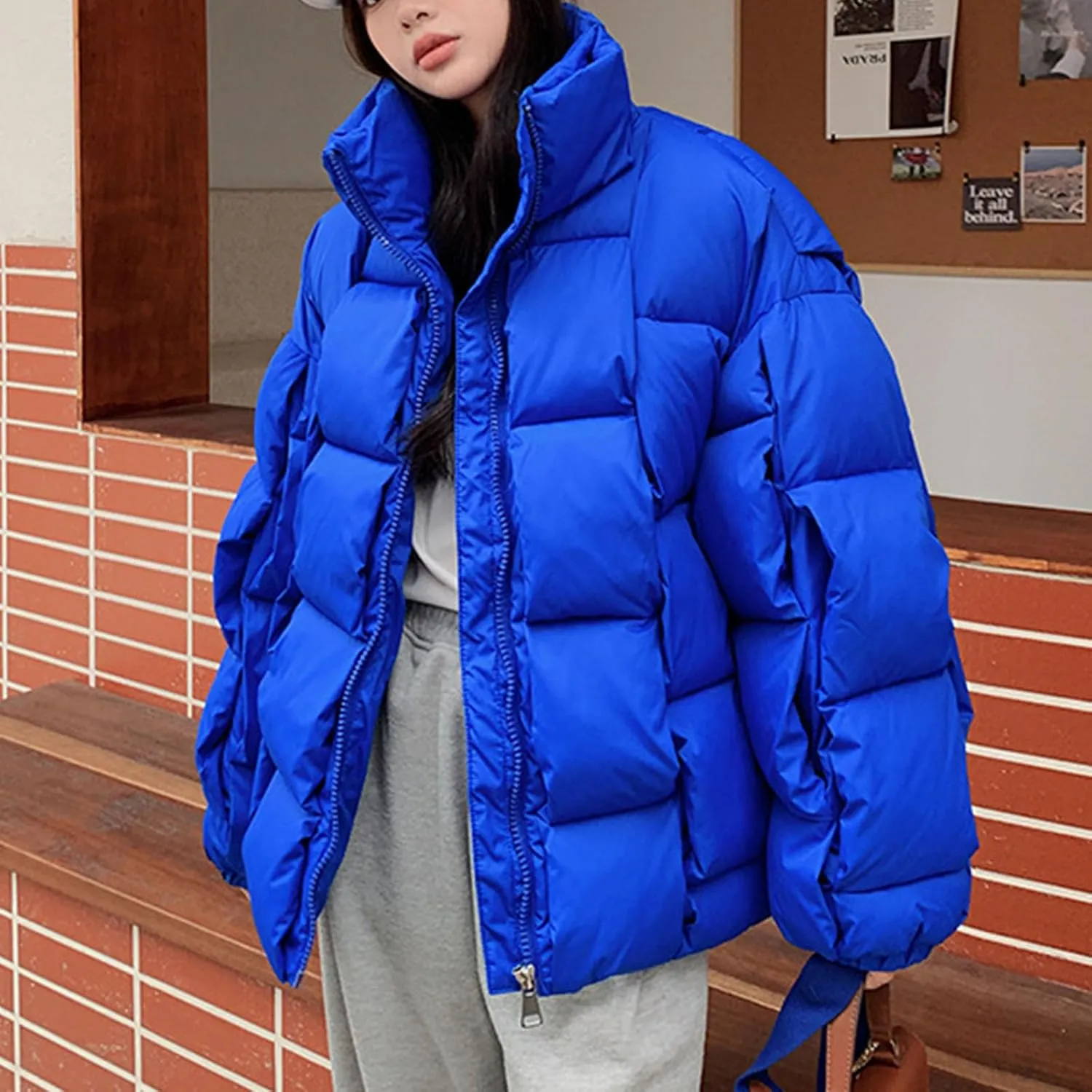 SMIDOW Cropped Puffer Jacket For Women Trendy 2023 Quilted Padded Bubble Coat Solid Warm Winter Short Jackets Outerwear