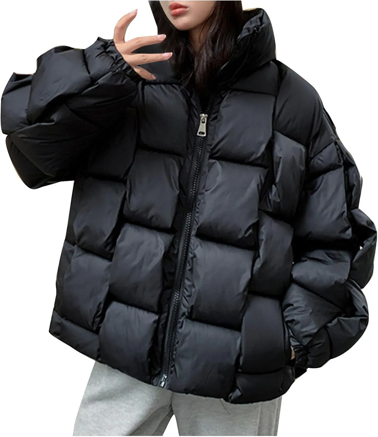 SMIDOW Cropped Puffer Jacket For Women Trendy 2023 Quilted Padded Bubble Coat Solid Warm Winter Short Jackets Outerwear