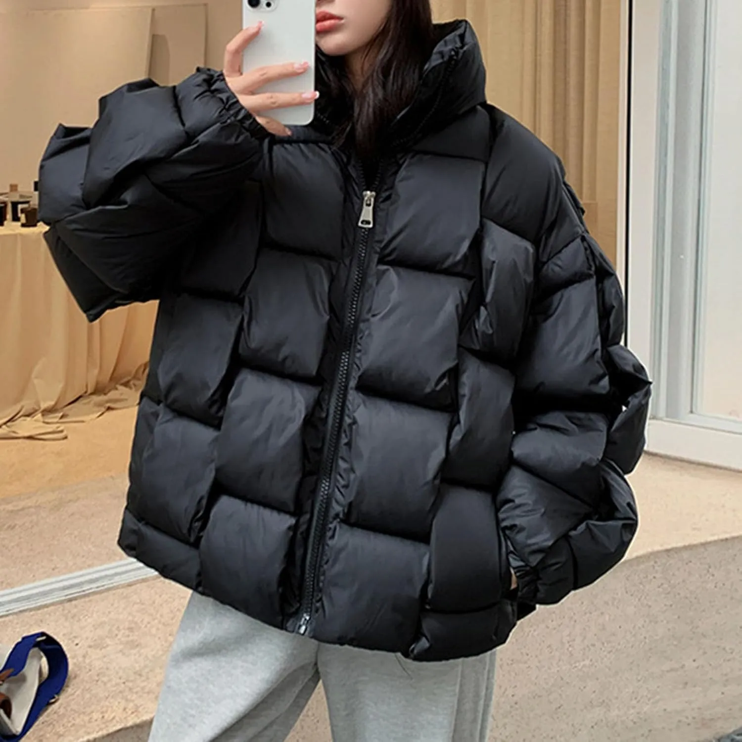 SMIDOW Cropped Puffer Jacket For Women Trendy 2023 Quilted Padded Bubble Coat Solid Warm Winter Short Jackets Outerwear