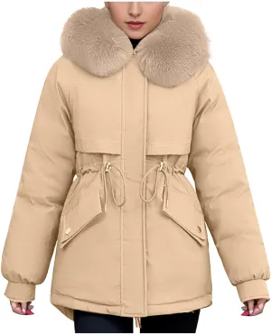 SMIDOW Womens Winter Parkas With Faux Fur Hoods Ladies Winter Fashion Puffer Coat Zip Up Quilted Thicken Jacket Outerwear