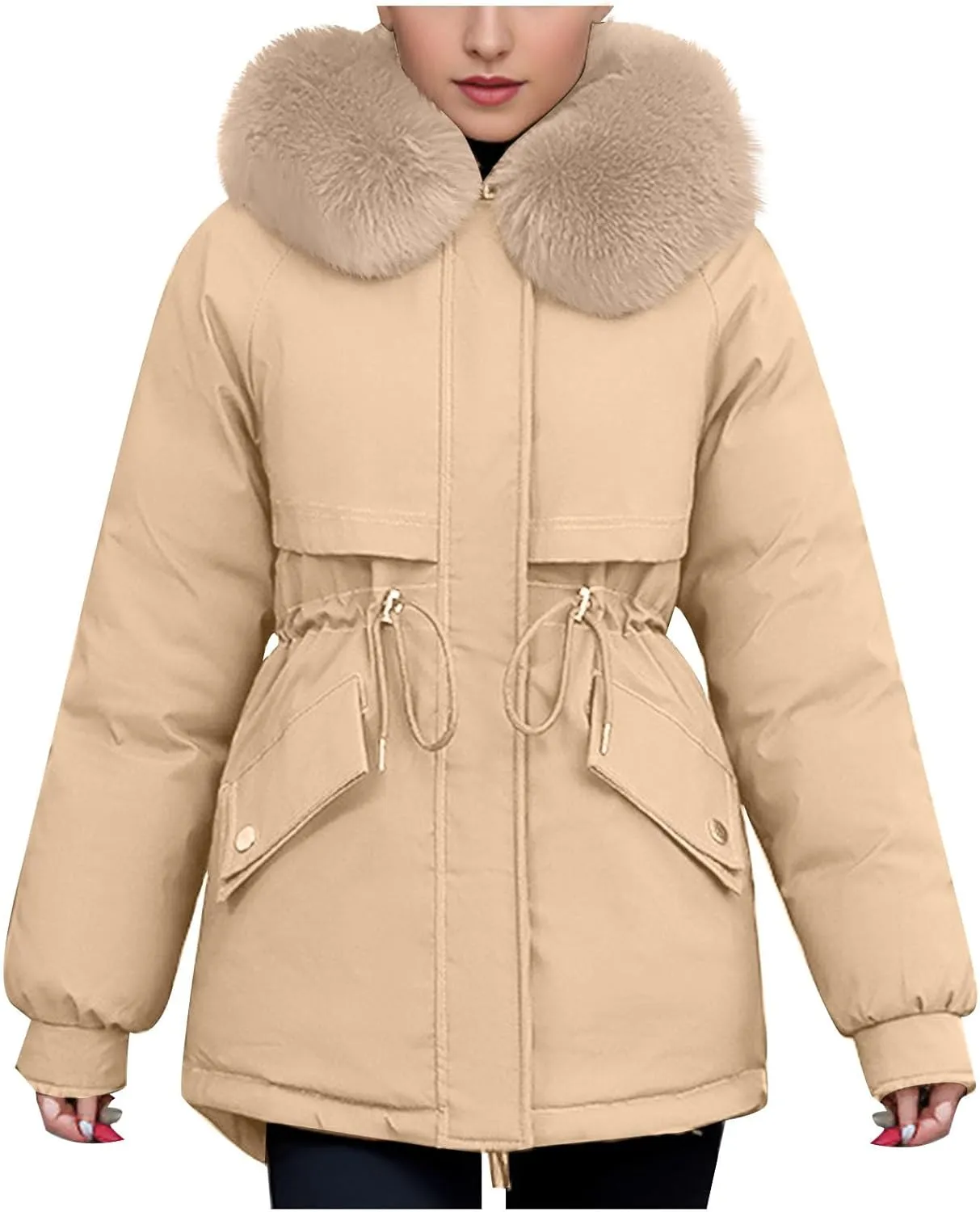SMIDOW Womens Winter Parkas With Faux Fur Hoods Ladies Winter Fashion Puffer Coat Zip Up Quilted Thicken Jacket Outerwear