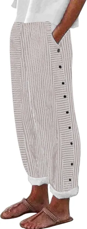 Striped Linen Pants Women Capri Gauze Side Button Elastic Waist Lightweight Casual Summer Beach Cropped Trousers 2025
