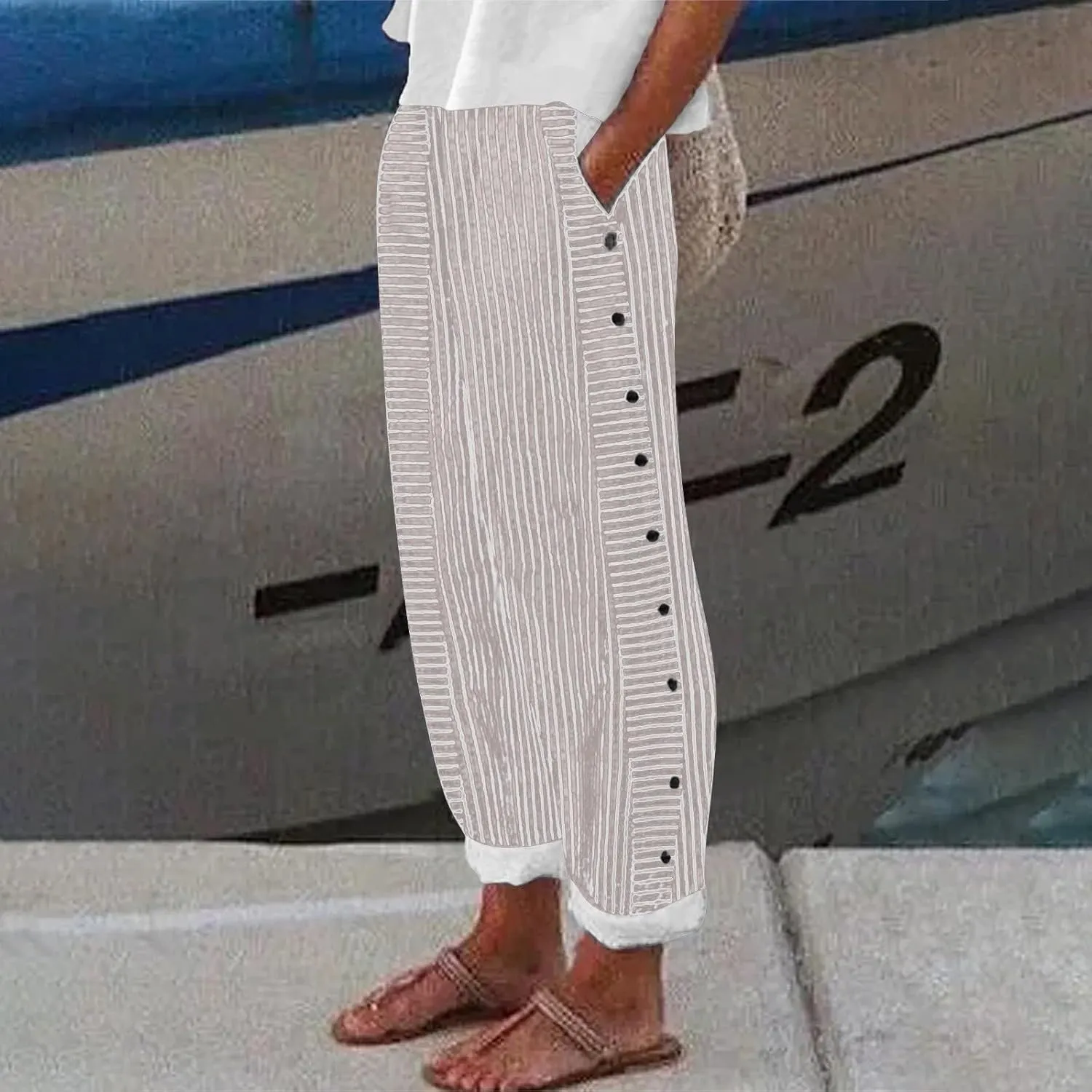 Striped Linen Pants Women Capri Gauze Side Button Elastic Waist Lightweight Casual Summer Beach Cropped Trousers 2025
