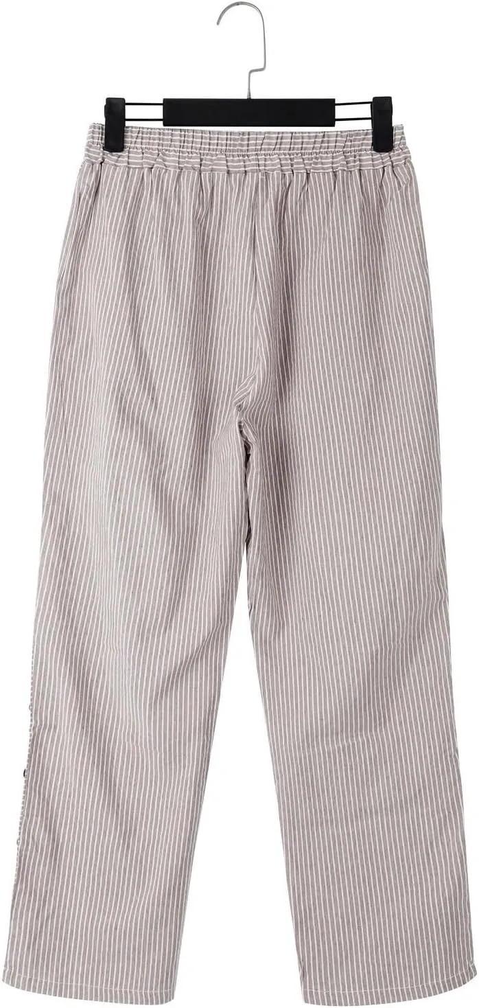 Striped Linen Pants Women Capri Gauze Side Button Elastic Waist Lightweight Casual Summer Beach Cropped Trousers 2025