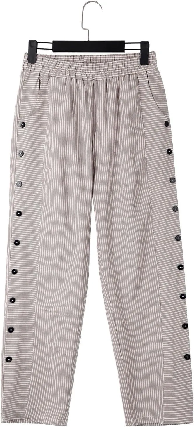 Striped Linen Pants Women Capri Gauze Side Button Elastic Waist Lightweight Casual Summer Beach Cropped Trousers 2025