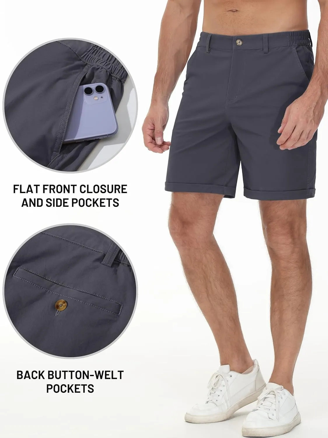 TACVASEN Mens Casual Shorts Classic Fit 7 Stretch Twill Flat Front Chino Shorts with Pockets
