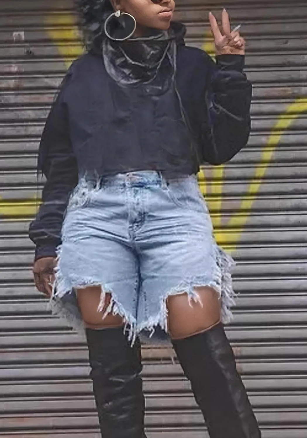 Tbahhir Women Ripped Denim Shorts Long Frayed High Waisted Side Slit Jean Short Distressed Club Streetwear Casual