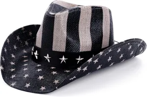 thuizen American Flag Patriotic Stars and Stripes Design Sturdy Pinch Crown Rolled Brim Straw Cowboy Hat