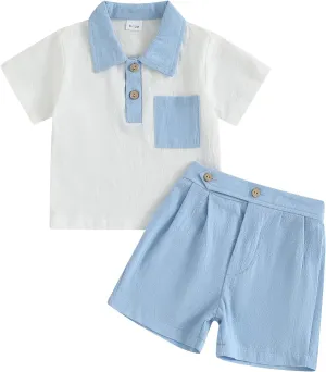 Toddler Boy Summer Clothes Button Lapel Collar T-Shirt & Casual Shorts Cotton Line 2Pcs Outfits