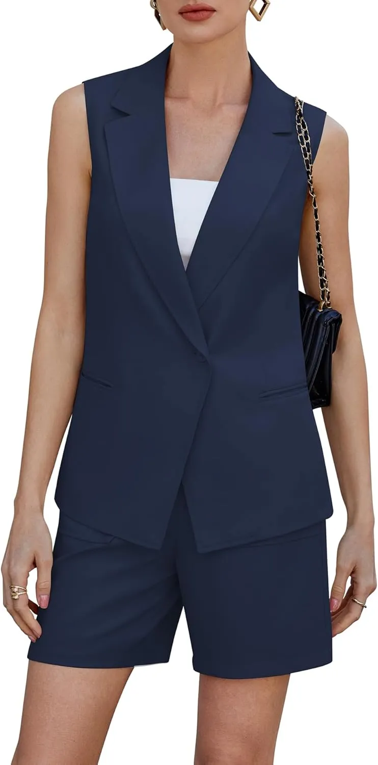 Two Piece Sets for Women Blazer Suit Asymmetrical Vest Notched Collar Summer Shorts Business Casual Outfits