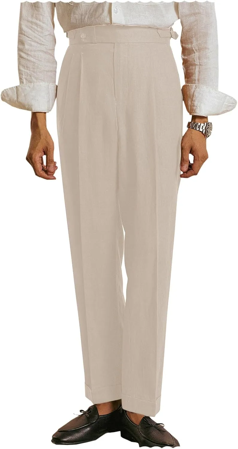 Vintage Men's Linen Pants Lightweight Premium Regular Fit Classic Dress Pants for Men Spring Summer