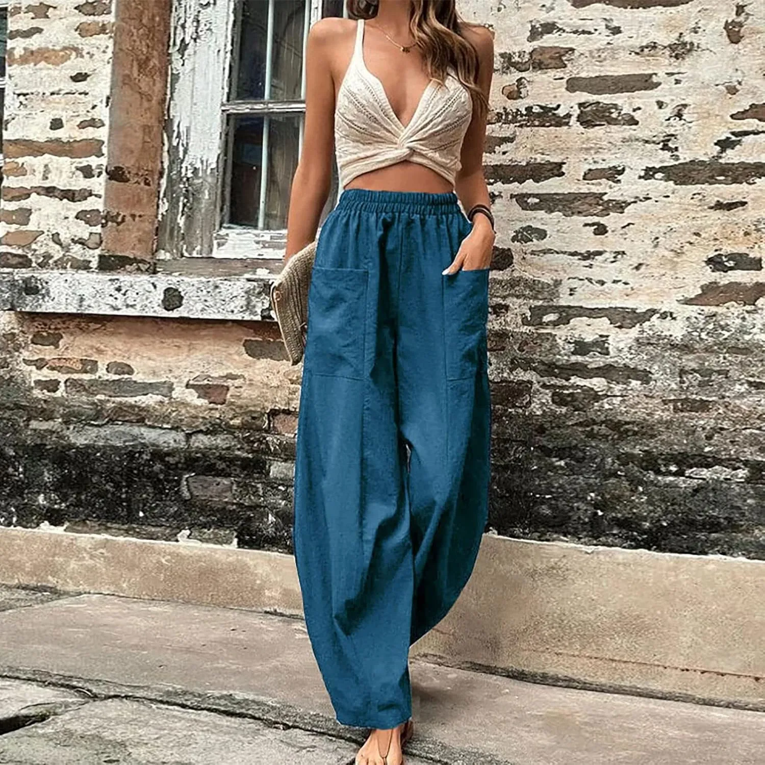 Wide Leg Pants Womens Casual Solid Sweatpants Straight Wide Leg Loose Trousers Elastic Belt Joggers with Pocket