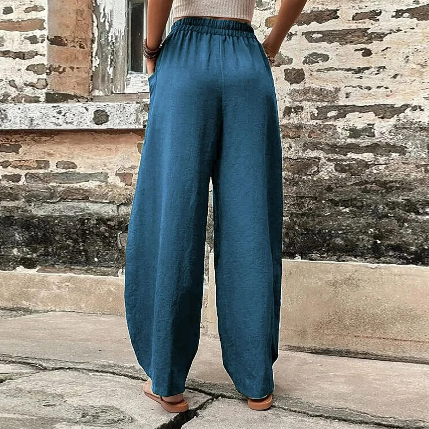 Wide Leg Pants Womens Casual Solid Sweatpants Straight Wide Leg Loose Trousers Elastic Belt Joggers with Pocket