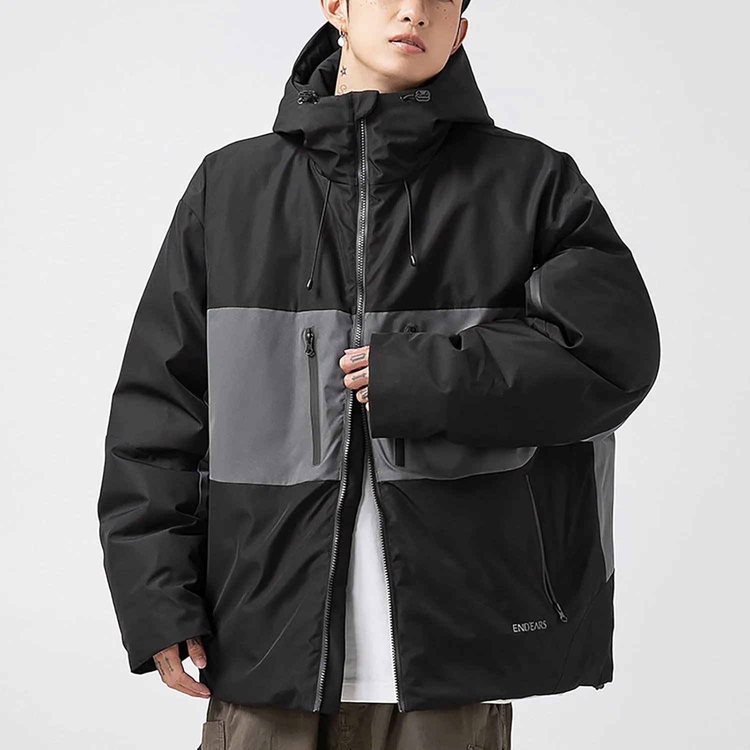 Winter Hiking Insulated Jacket for Men Outdoor Patchwork Color Contrast Hardshell Jacket Casual Tech Hooded Jackets