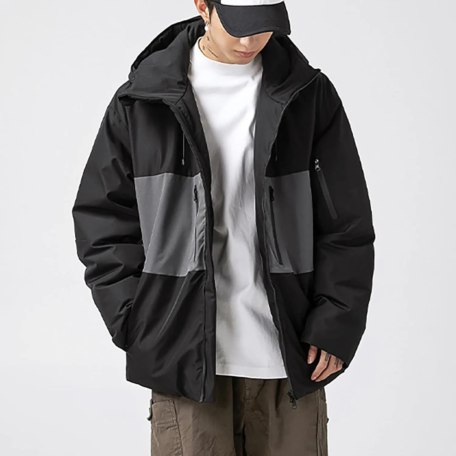 Winter Hiking Insulated Jacket for Men Outdoor Patchwork Color Contrast Hardshell Jacket Casual Tech Hooded Jackets