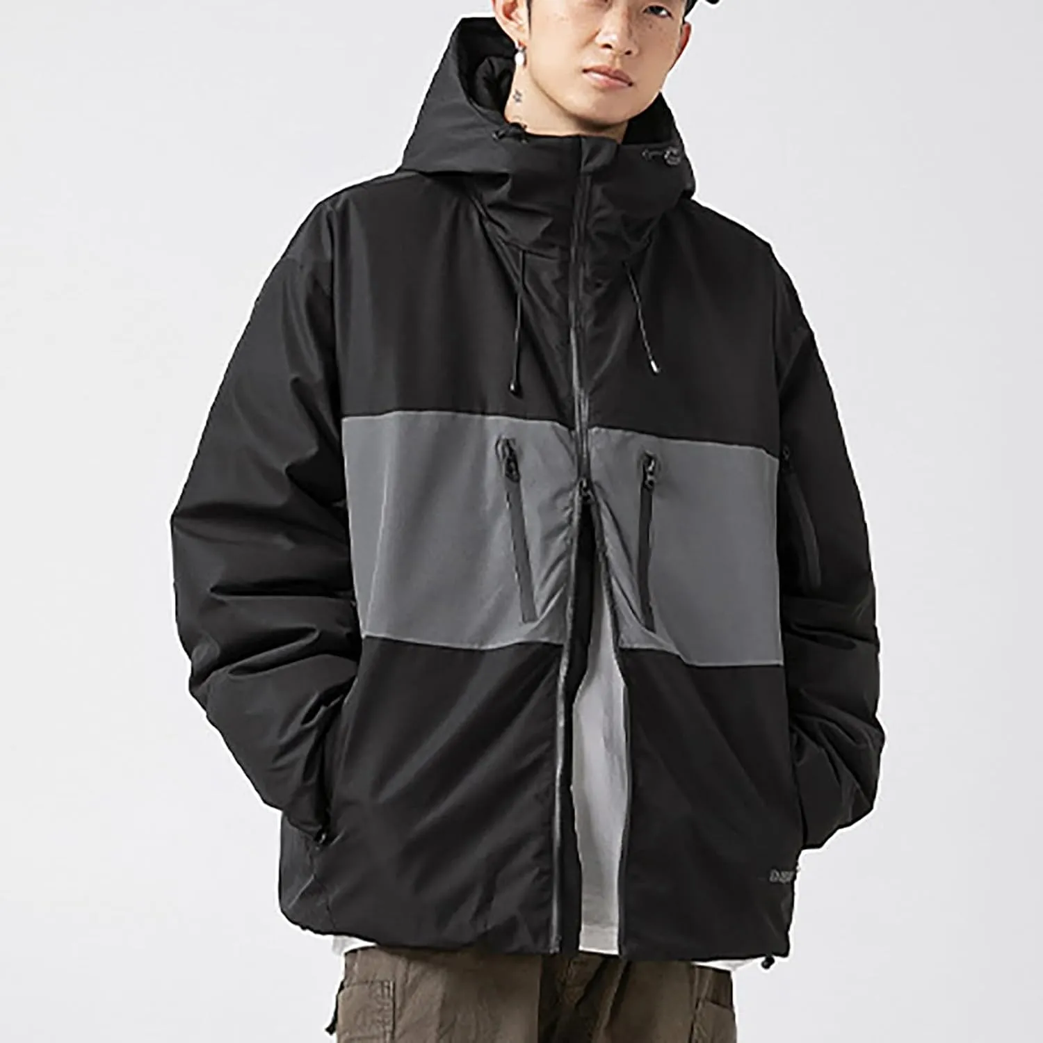 Winter Hiking Insulated Jacket for Men Outdoor Patchwork Color Contrast Hardshell Jacket Casual Tech Hooded Jackets