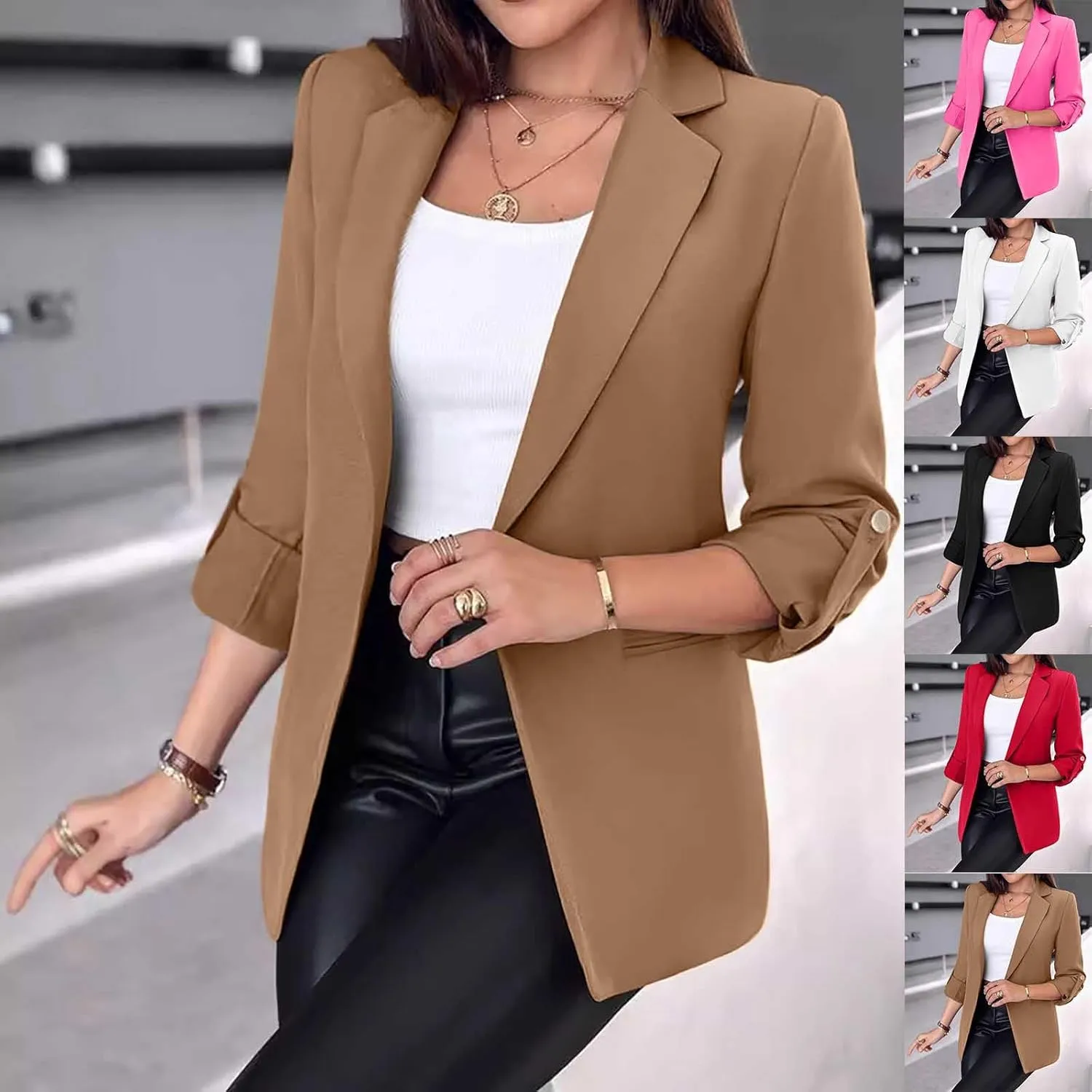 Wkishenl Women Blazers Long Sleeve Roll Up Open Front Casual Jackets Button Up Lapel Collar Blazer Trendy Solid Color Outwear