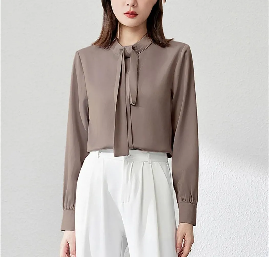 Women Bow Blouse Satin Long Sleeve Office Work Shirt Professional Ladies Clothing