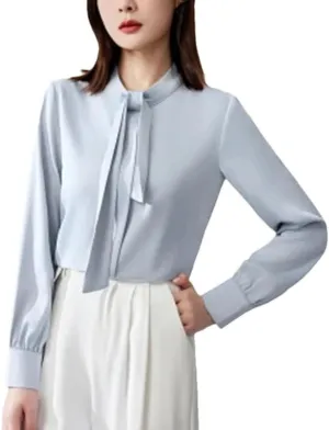 Women Bow Blouse Satin Long Sleeve Office Work Shirt Professional Ladies Clothing