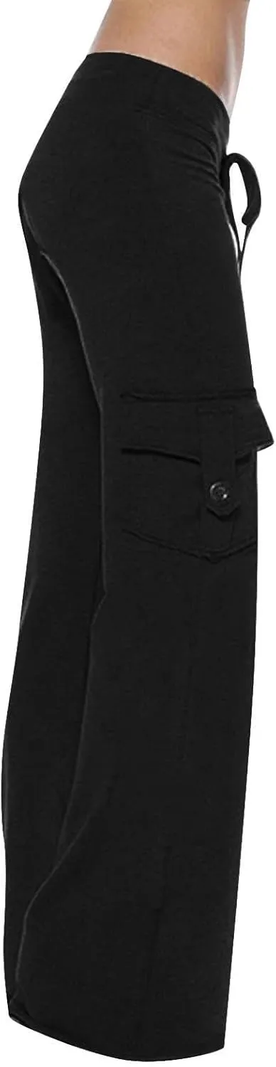 Women Cargo Leggings with Pockets Drawstring High Waisted Flare Yoga Cargo Sweatpants Athletic Hiking Joggers Pants
