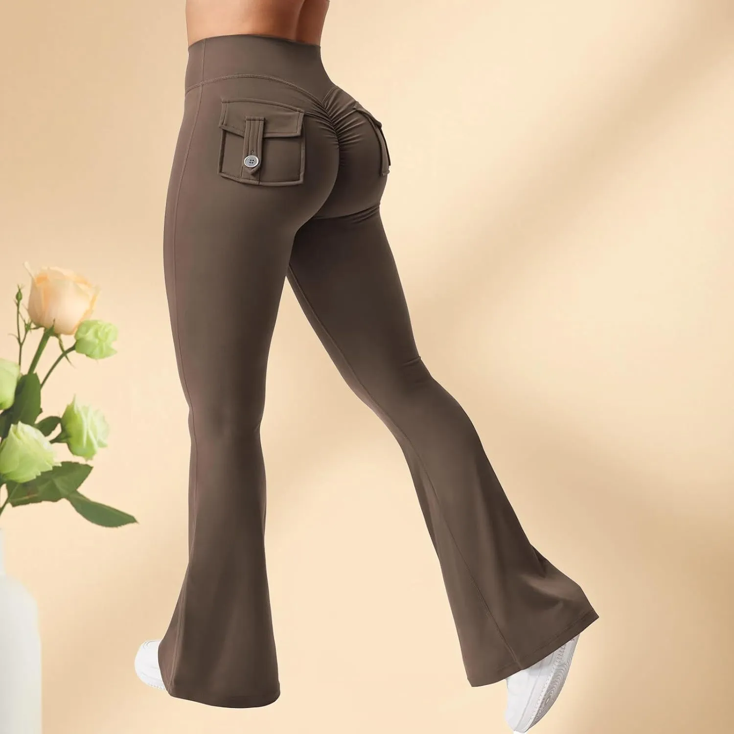 Women Cargo Leggings with Pockets Drawstring High Waisted Flare Yoga Cargo Sweatpants Athletic Hiking Joggers Pants