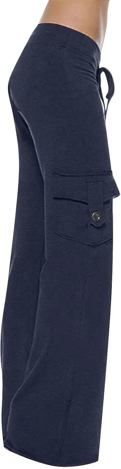 Women Cargo Leggings with Pockets Drawstring High Waisted Flare Yoga Cargo Sweatpants Athletic Hiking Joggers Pants