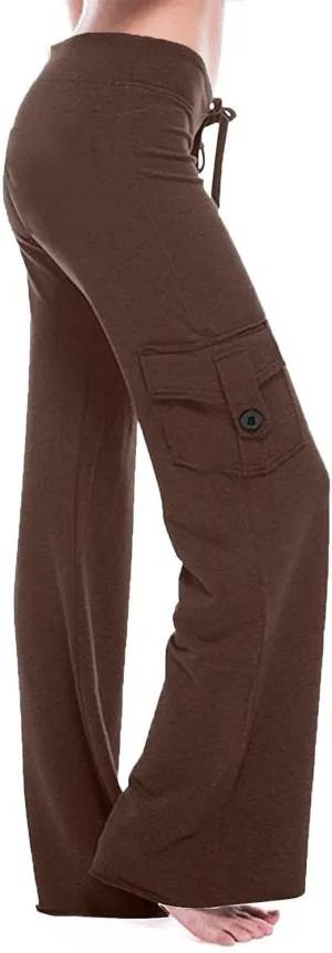 Women Cargo Leggings with Pockets Drawstring High Waisted Flare Yoga Cargo Sweatpants Athletic Hiking Joggers Pants