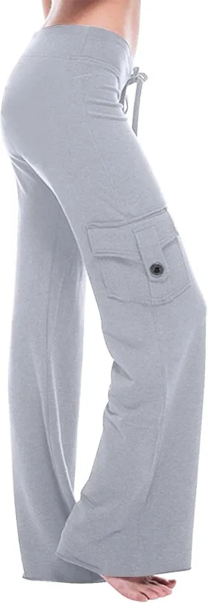 Women Cargo Leggings with Pockets Drawstring High Waisted Flare Yoga Cargo Sweatpants Athletic Hiking Joggers Pants