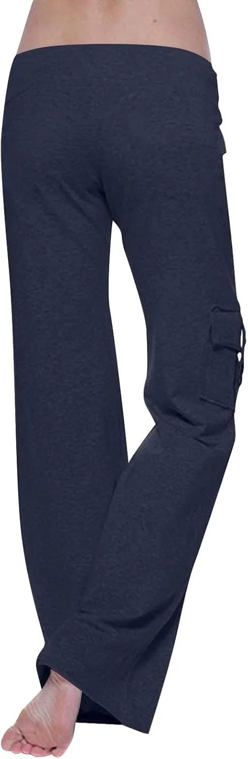Women Cargo Leggings with Pockets Drawstring High Waisted Flare Yoga Cargo Sweatpants Athletic Hiking Joggers Pants