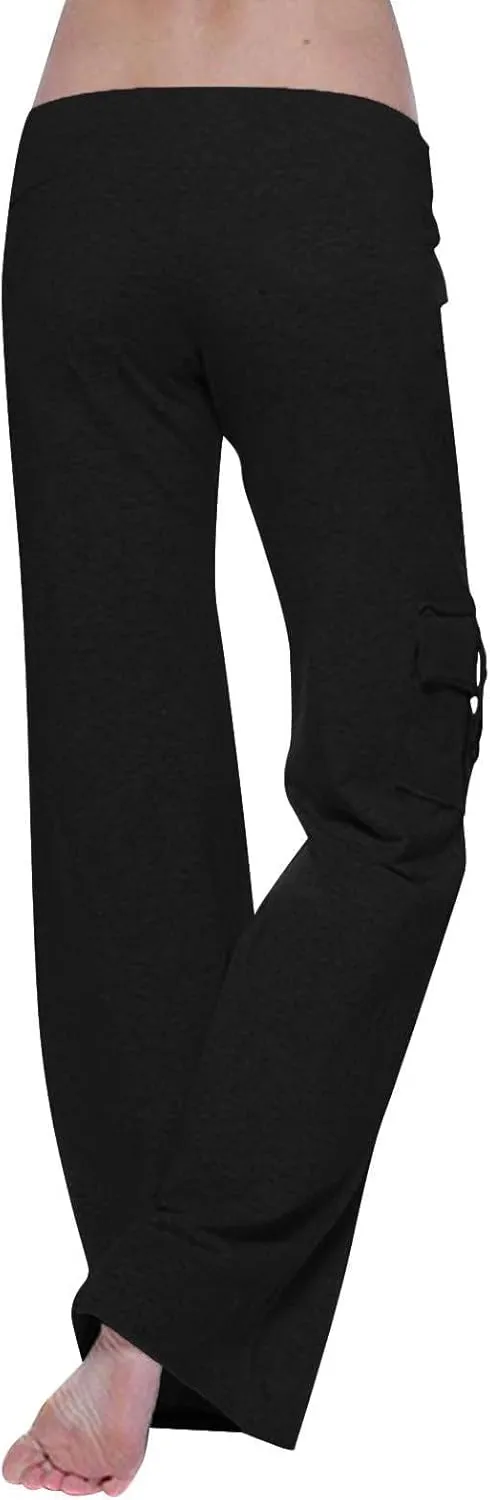 Women Cargo Leggings with Pockets Drawstring High Waisted Flare Yoga Cargo Sweatpants Athletic Hiking Joggers Pants