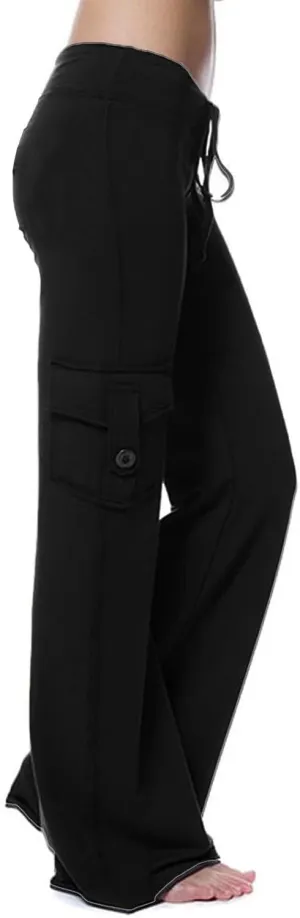Women Cargo Leggings with Pockets Drawstring High Waisted Flare Yoga Cargo Sweatpants Athletic Hiking Joggers Pants