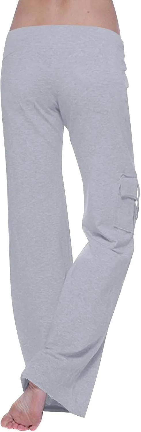 Women Cargo Leggings with Pockets Drawstring High Waisted Flare Yoga Cargo Sweatpants Athletic Hiking Joggers Pants