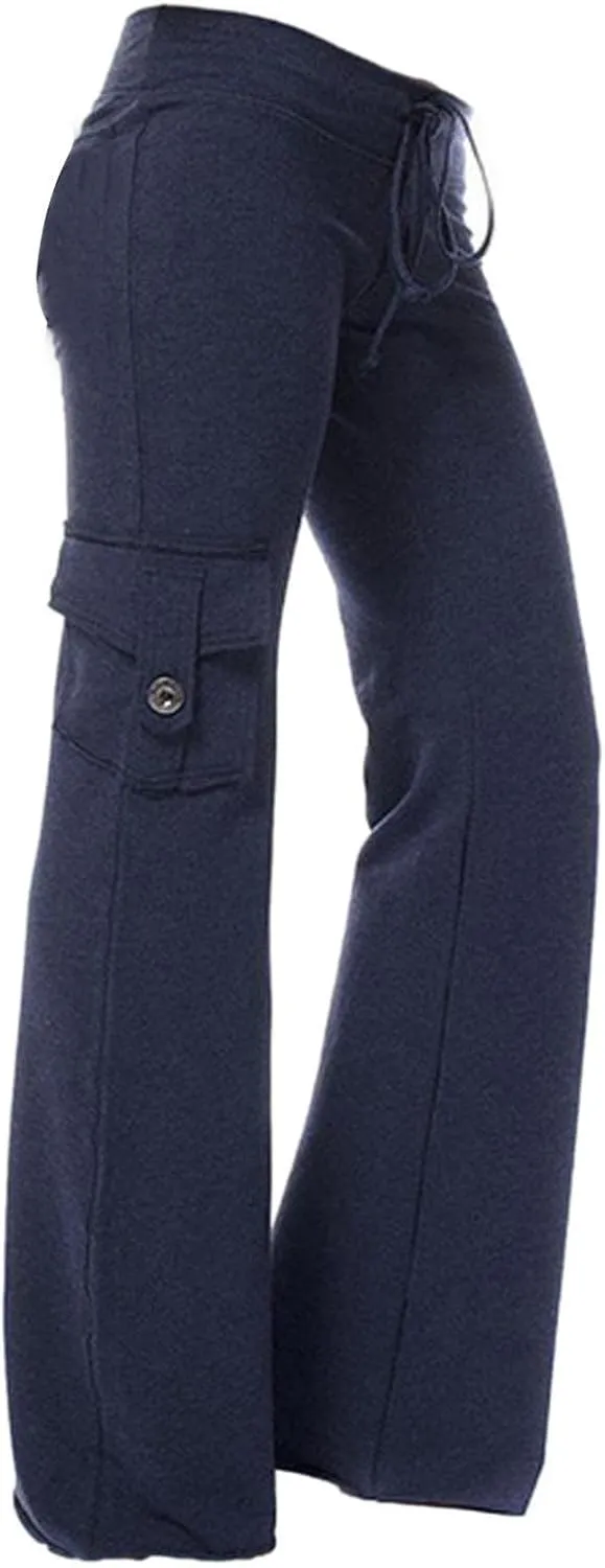 Women Cargo Leggings with Pockets Drawstring High Waisted Flare Yoga Cargo Sweatpants Athletic Hiking Joggers Pants