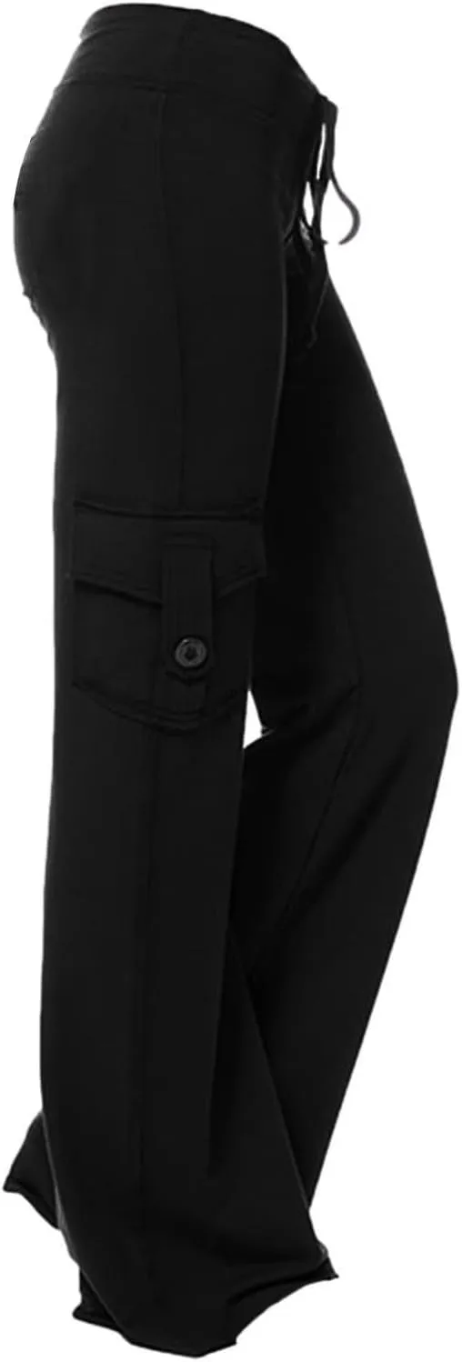 Women Cargo Leggings with Pockets Drawstring High Waisted Flare Yoga Cargo Sweatpants Athletic Hiking Joggers Pants