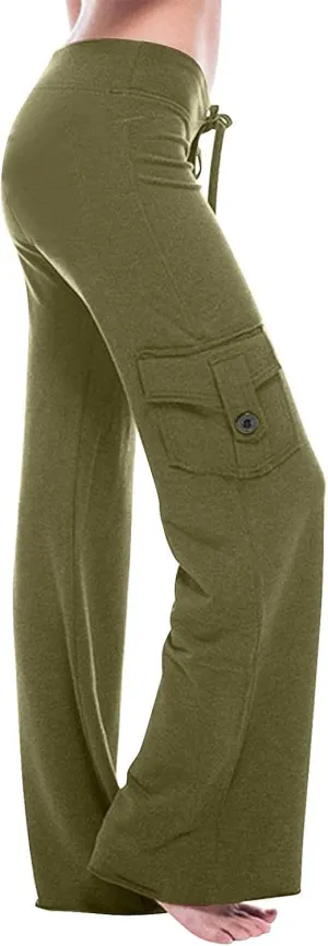 Women Cargo Leggings with Pockets Drawstring High Waisted Flare Yoga Cargo Sweatpants Athletic Hiking Joggers Pants