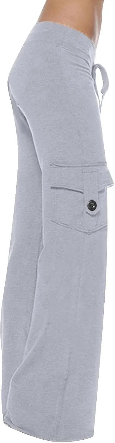 Women Cargo Leggings with Pockets Drawstring High Waisted Flare Yoga Cargo Sweatpants Athletic Hiking Joggers Pants