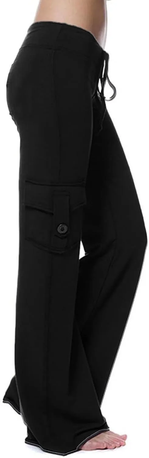Women Cargo Leggings with Pockets Drawstring High Waisted Flare Yoga Cargo Sweatpants Athletic Hiking Joggers Pants