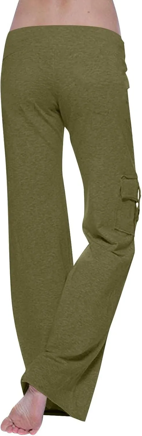 Women Cargo Leggings with Pockets Drawstring High Waisted Flare Yoga Cargo Sweatpants Athletic Hiking Joggers Pants
