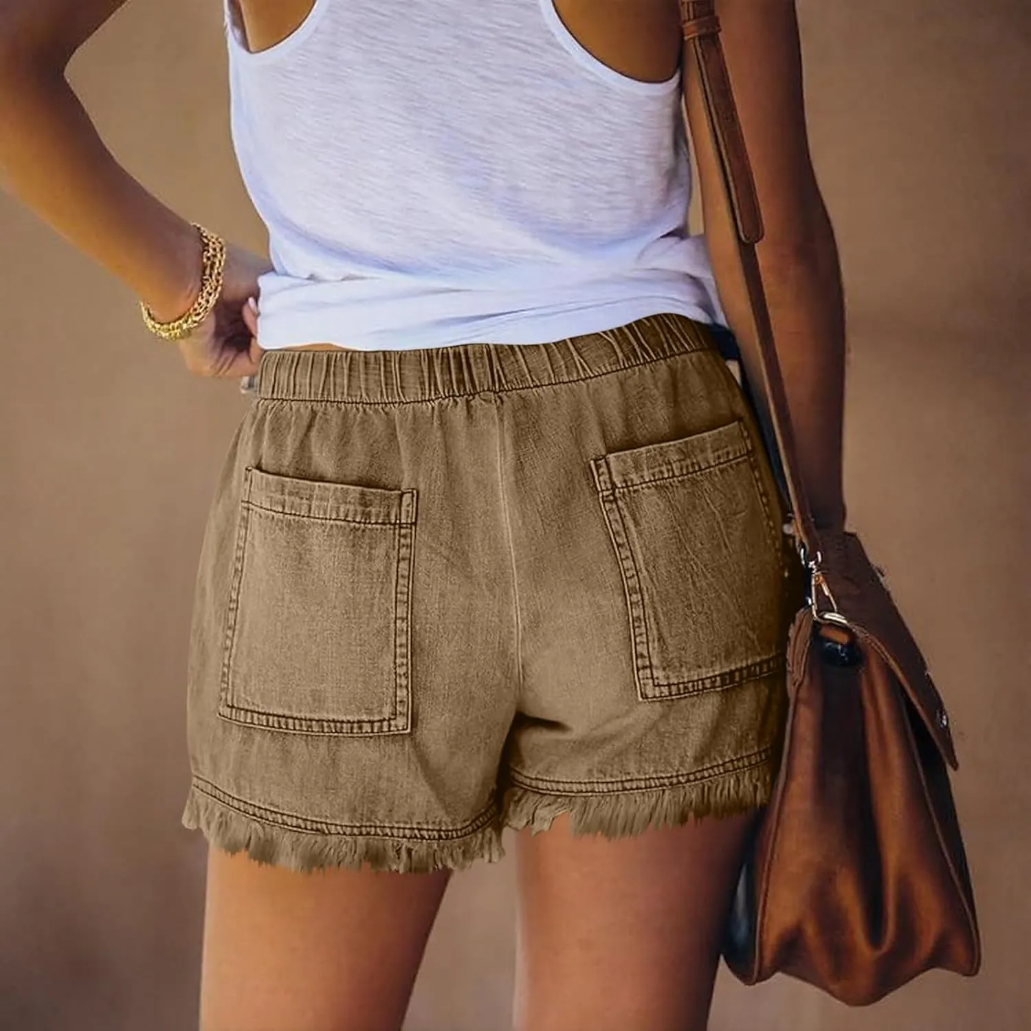 Women Jean Shorts Elastic Waist Drawstring Denim Shorts Summer Casual Raw Hem Distressed Jeans Short with Pockets
