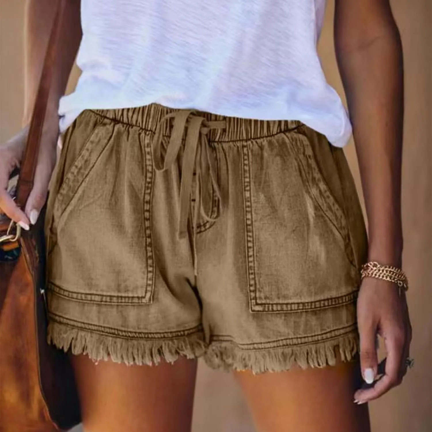 Women Jean Shorts Elastic Waist Drawstring Denim Shorts Summer Casual Raw Hem Distressed Jeans Short with Pockets