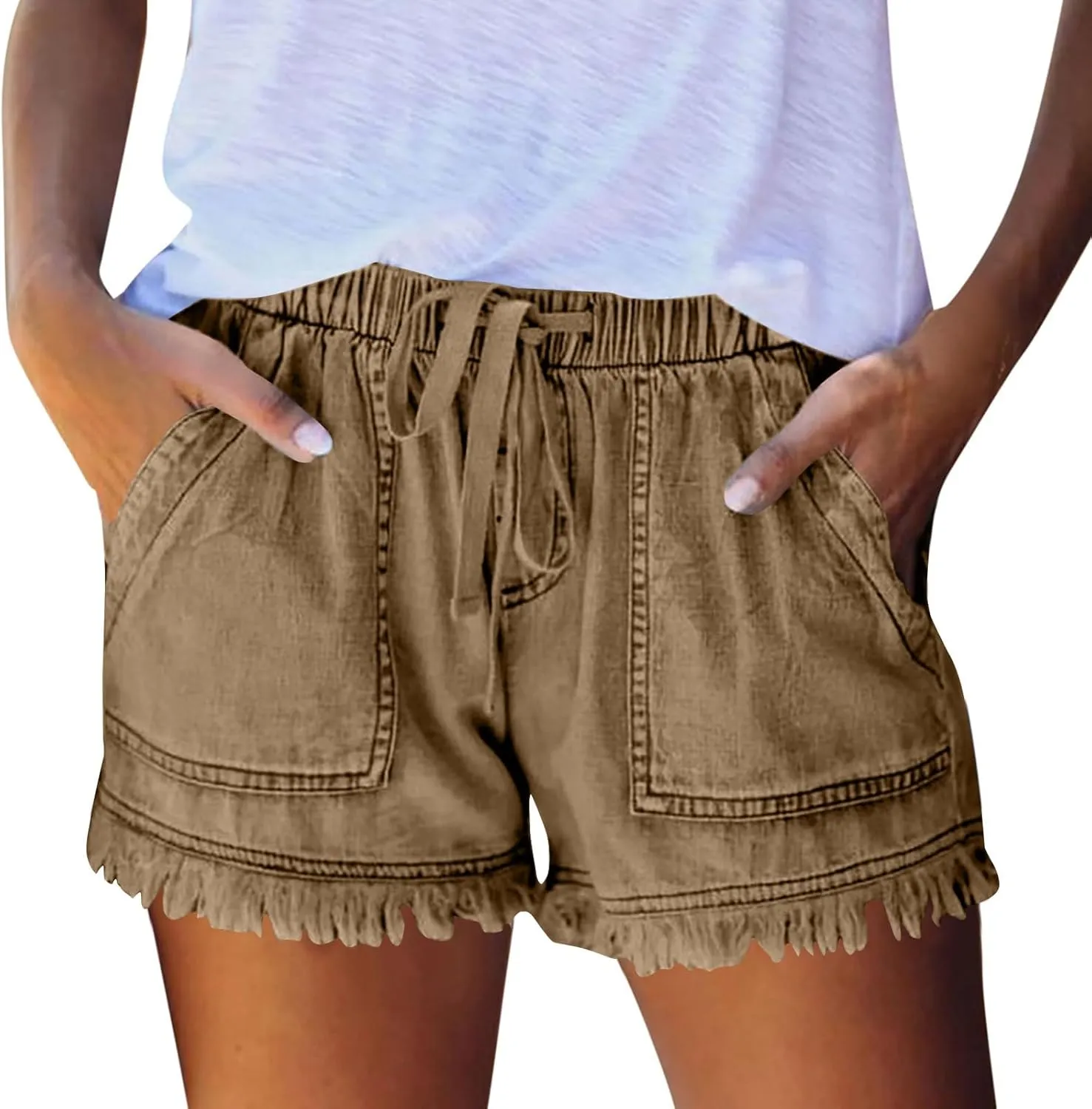 Women Jean Shorts Elastic Waist Drawstring Denim Shorts Summer Casual Raw Hem Distressed Jeans Short with Pockets