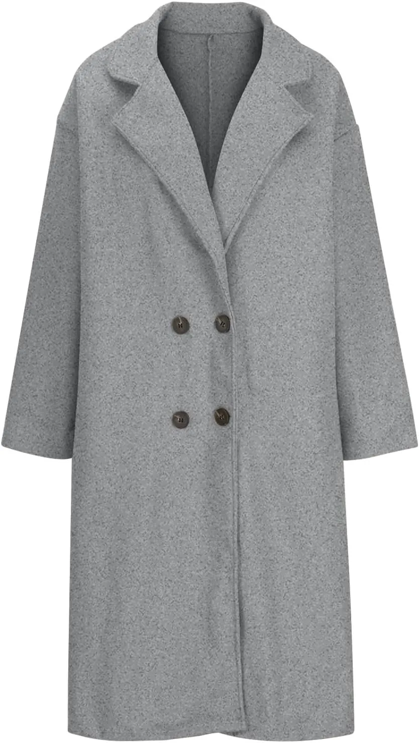 Women Lapel Collar Midi Long Pea Trench Coat Open Front Button Down Slim Solid Casual Overcoat Jacket Pockets Outwear